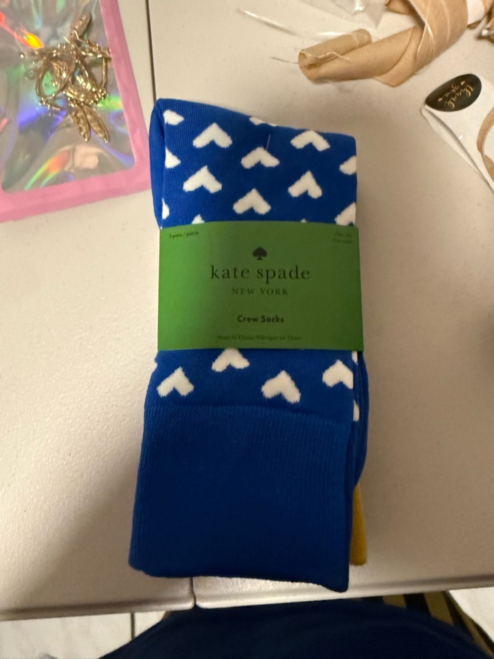 kate spade Royal Blue Crew Socks with White Hearts